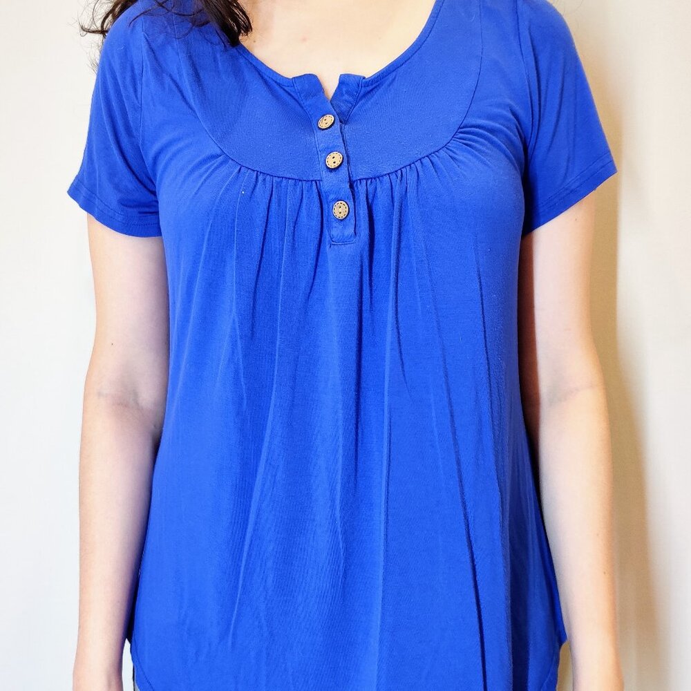 Blue Short Sleeve Casual Shirt Scoop Loose Fit Tunic Tops Summer Button Small